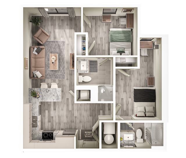 A 3D image of the 2BR/2BA – B1 floorplan, a 806 squarefoot, 2 bed / 2 bath unit