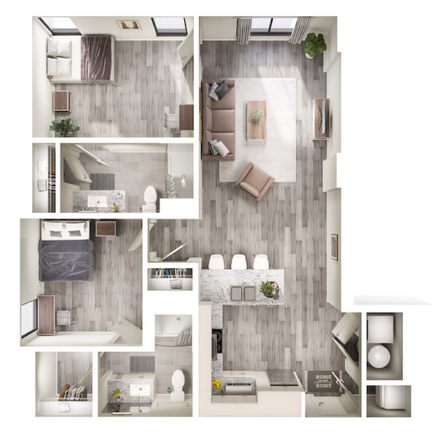 A 3D image of the 2BR/2BA – B3 floorplan, a 921 squarefoot, 2 bed / 2 bath unit