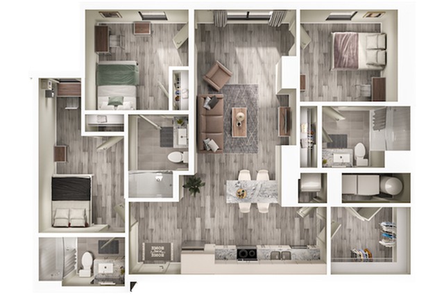 A 3D image of the 3BR/3BA – C1 floorplan, a 1174 squarefoot, 3 bed / 3 bath unit