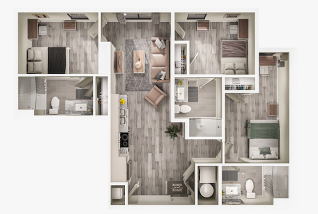 A 3D image of the 3BR/3BA – C3 floorplan, a 1007 squarefoot, 3 bed / 3 bath unit