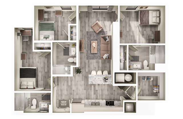 A 3D image of the 3BR/3BA – C4 floorplan, a 1197 squarefoot, 3 bed / 3 bath unit