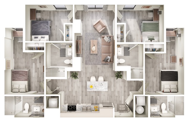 A 3D image of the 4BR/4BA – D1 floorplan, a 1330 squarefoot, 4 bed / 4 bath unit