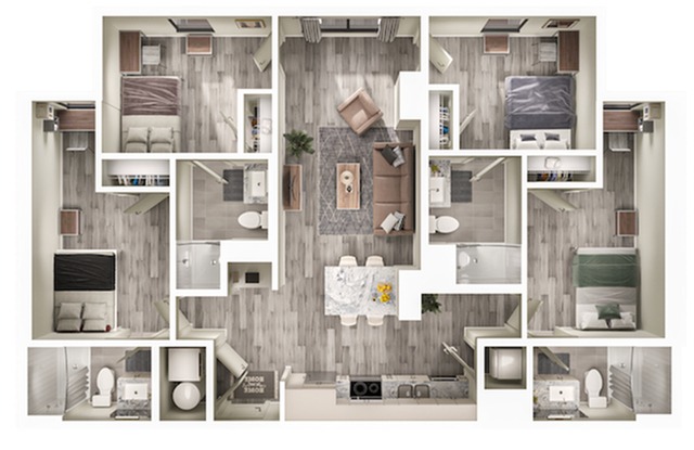 A 3D image of the 4BR/4BA – D2 floorplan, a 1330 squarefoot, 4 bed / 4 bath unit