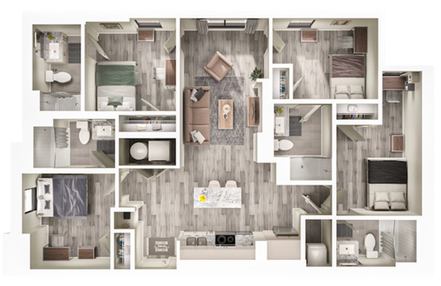 A 3D image of the 4BR/4BA – D3 floorplan, a 1362 squarefoot, 4 bed / 4 bath unit