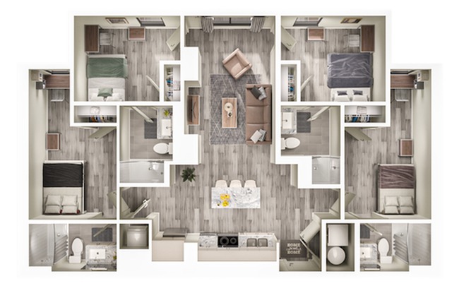 A 3D image of the 4BR/4BA – D4 floorplan, a 1330 squarefoot, 4 bed / 4 bath unit