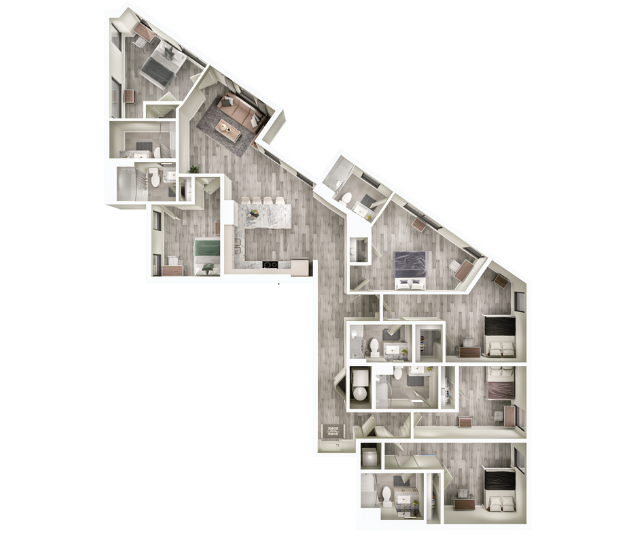 A 3D image of the 6BR/6BA – F1 floorplan, a 2059 squarefoot, 6 bed / 6 bath unit