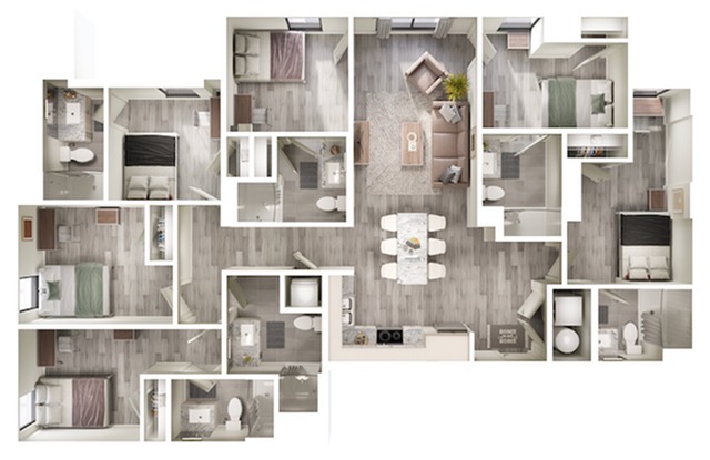 A 3D image of the 6BR/6BA – F2 floorplan, a 1631 squarefoot, 6 bed / 6 bath unit