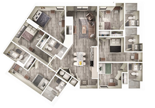 A 3D image of the 6BR/6BA – F3 floorplan, a 1870 squarefoot, 6 bed / 6 bath unit