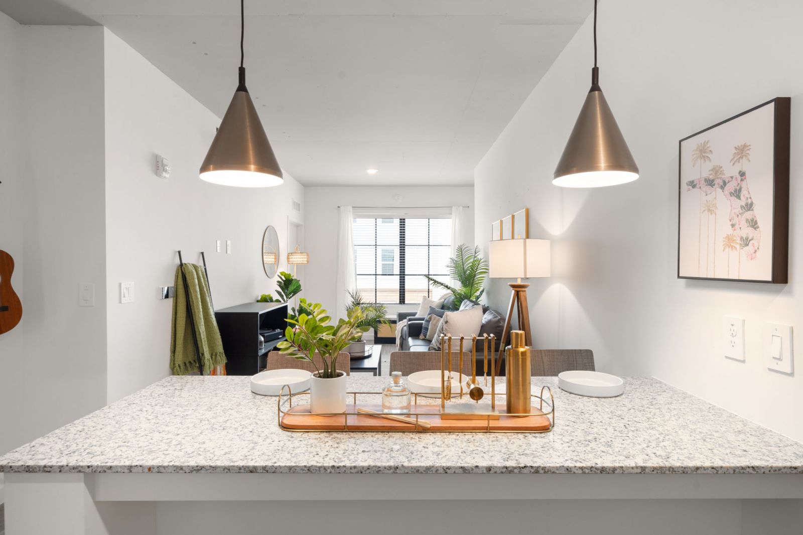 Bright kitchen with pendant lights