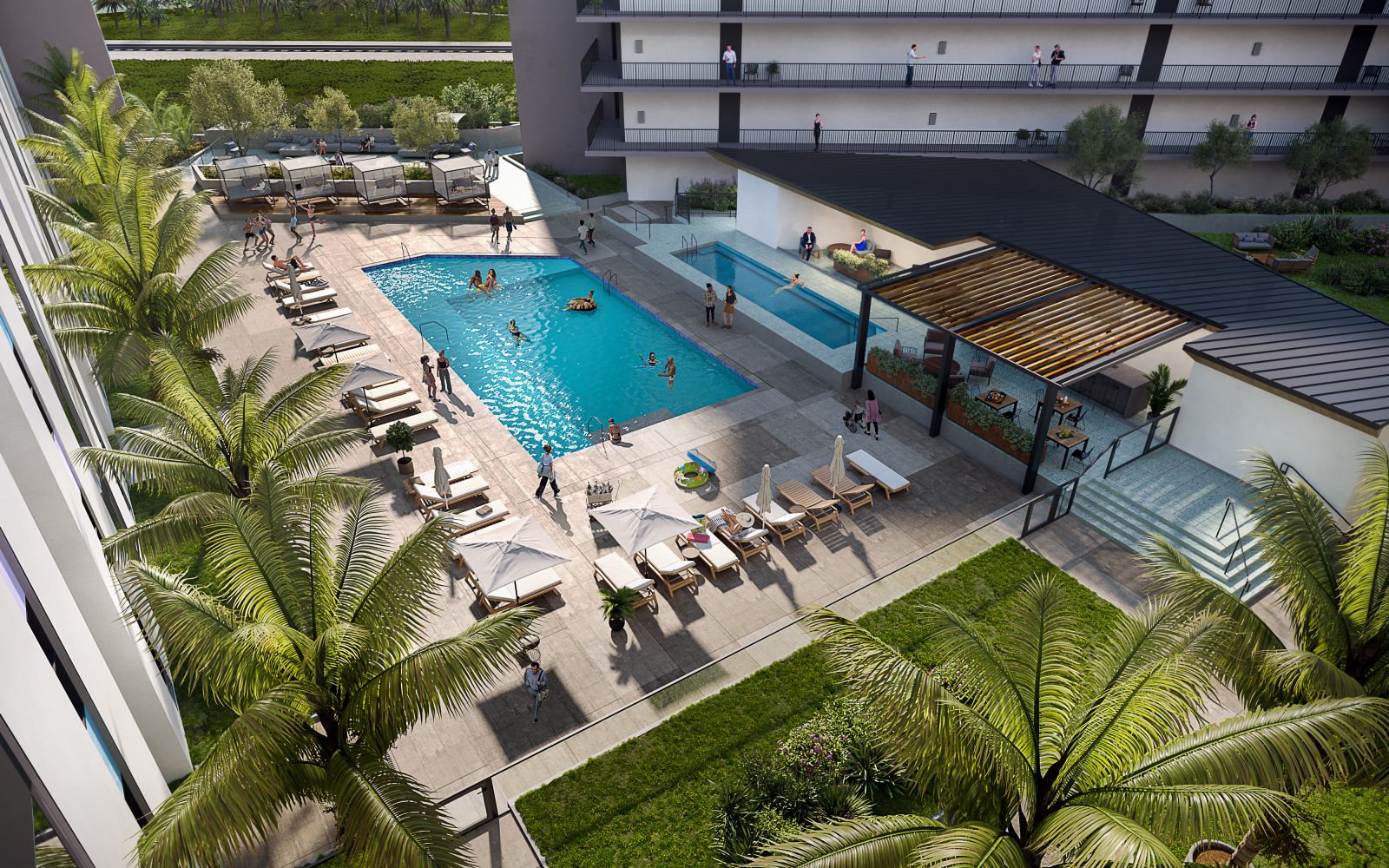 Overhead view of pool with palm trees