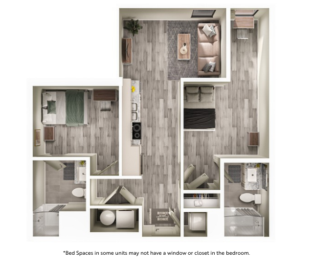 A 3D image of the 2BR/2BA – B2 floorplan, a 730 squarefoot, 2 bed / 2 bath unit