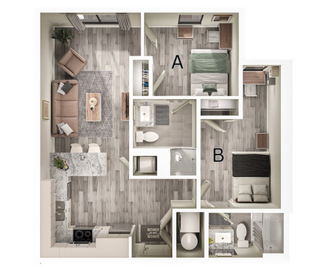 A 3D image of the 2BR/2BA – B1 floorplan, a 806 squarefoot, 2 bed / 2 bath unit