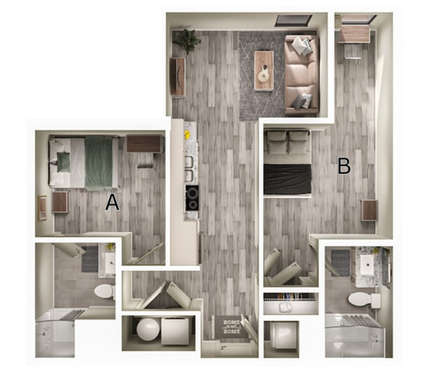 A 3D image of the 2BR/2BA – B2 floorplan, a 730 squarefoot, 2 bed / 2 bath unit