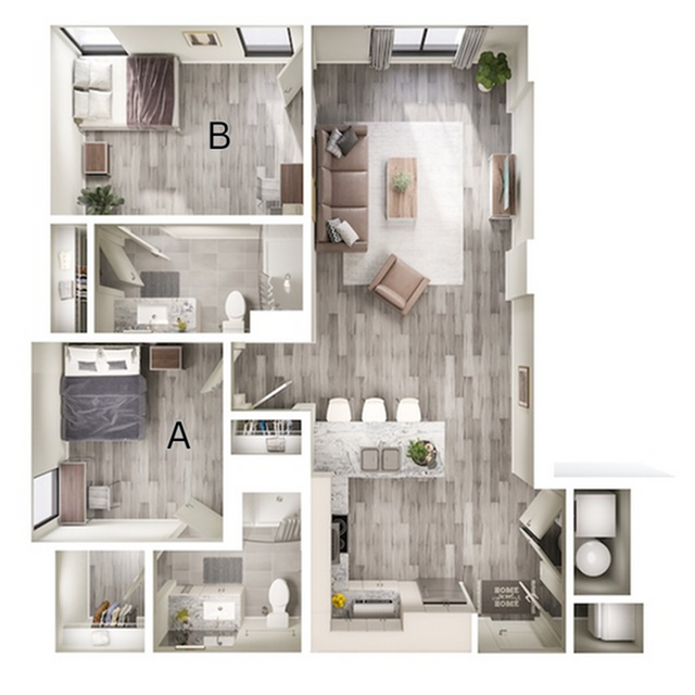 A 3D image of the 2BR/2BA – B3 floorplan, a 921 squarefoot, 2 bed / 2 bath unit