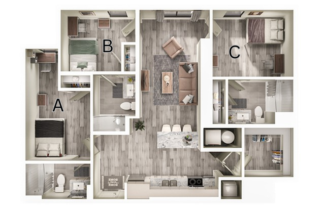 A 3D image of the 3BR/3BA – C4 floorplan, a 1197 squarefoot, 3 bed / 3 bath unit