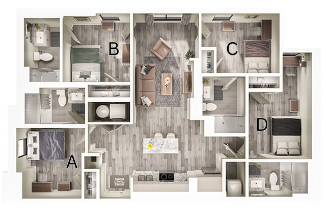 A 3D image of the 4BR/4BA – D3 floorplan, a 1362 squarefoot, 4 bed / 4 bath unit