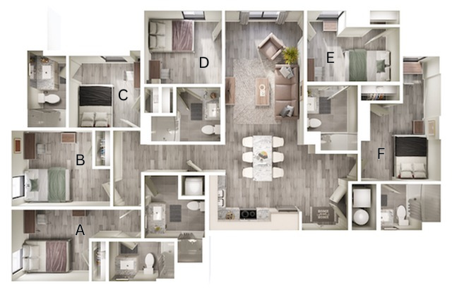 A 3D image of the 6BR/6BA – F2 floorplan, a 1631 squarefoot, 6 bed / 6 bath unit