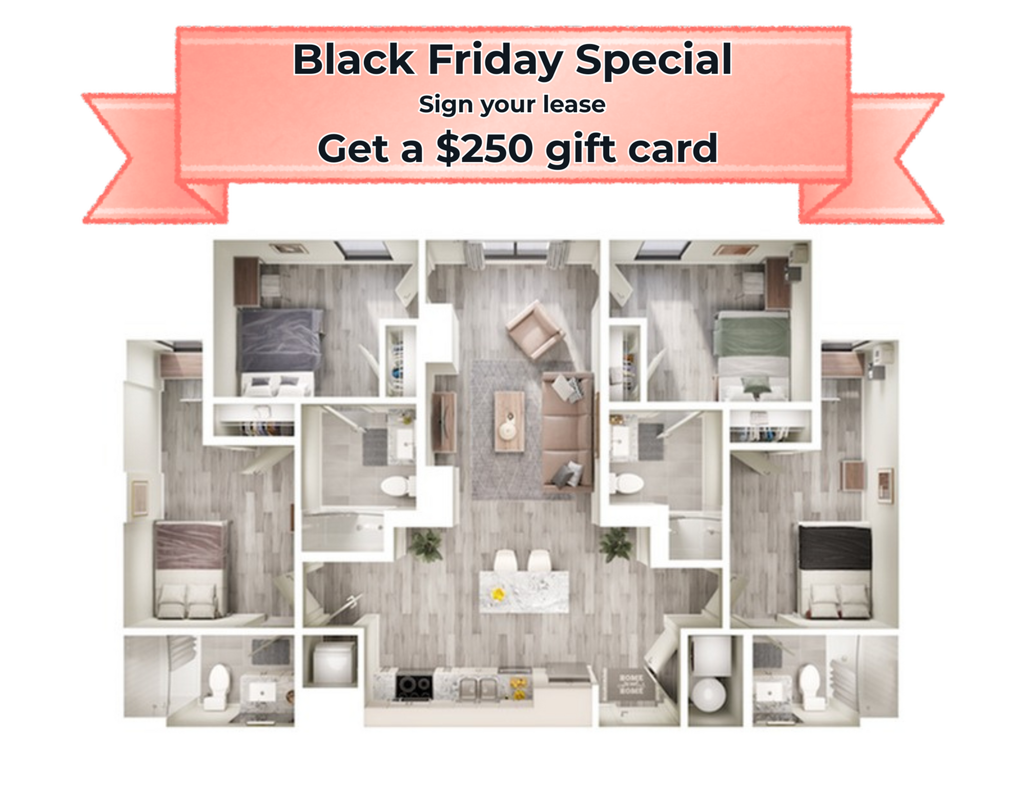 A 3D image of the 4BR/4BA – D1 floorplan, a 1330 squarefoot, 4 bed / 4 bath unit