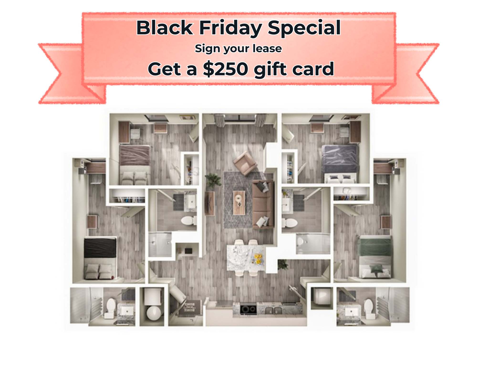 A 3D image of the 4BR/4BA – D2 floorplan, a 1330 squarefoot, 4 bed / 4 bath unit