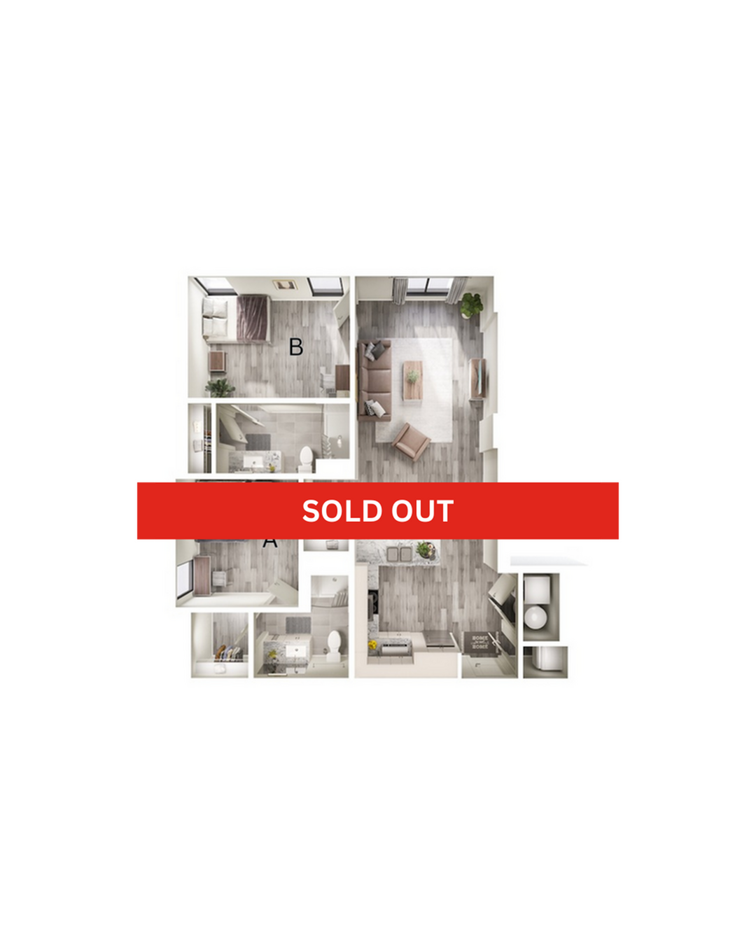 A 3D image of the 2BR/2BA – B4 floorplan, a 852 squarefoot, 2 bed / 2 bath unit