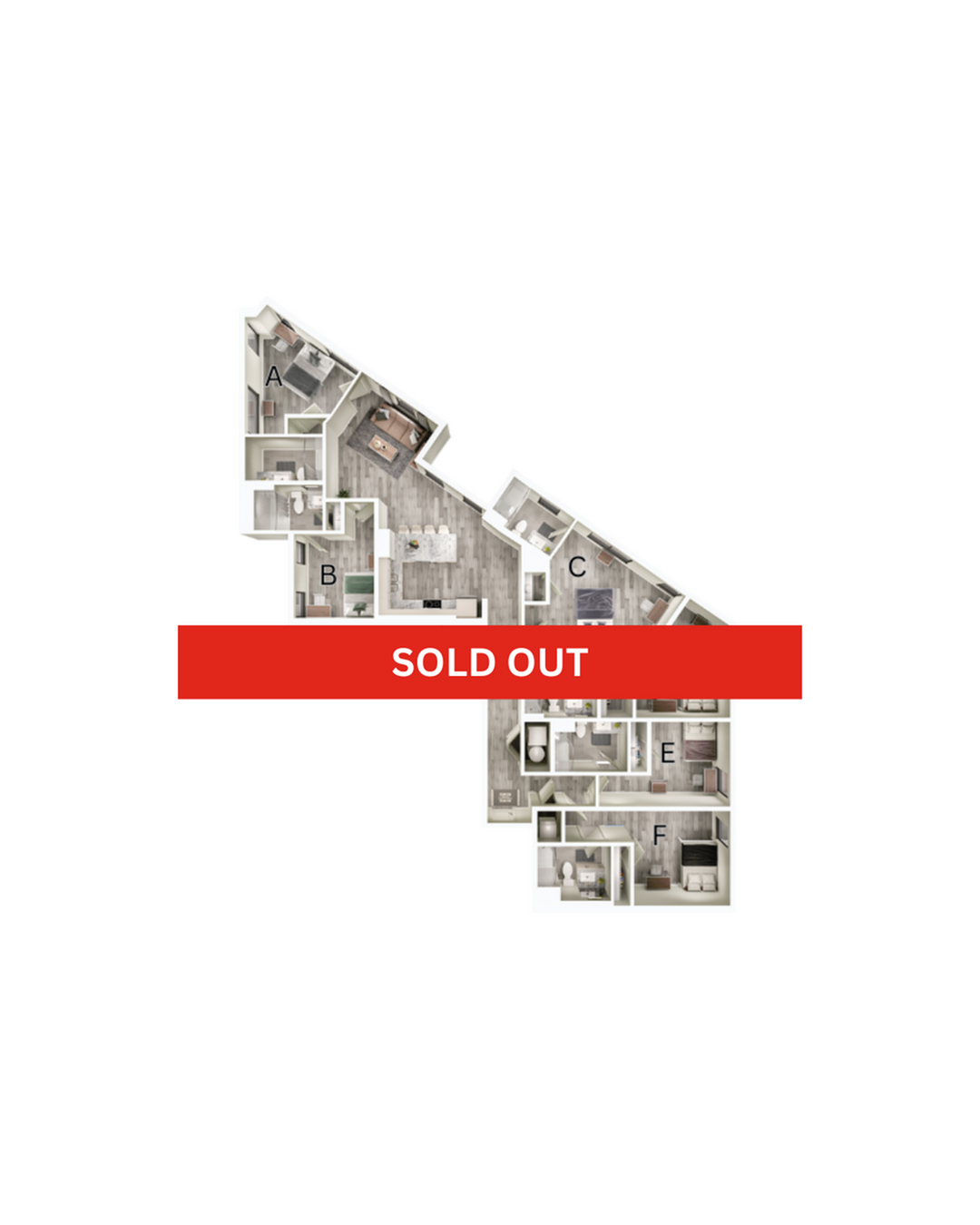 A 3D image of the 6BR/6BA – F1 floorplan, a 2059 squarefoot, 6 bed / 6 bath unit