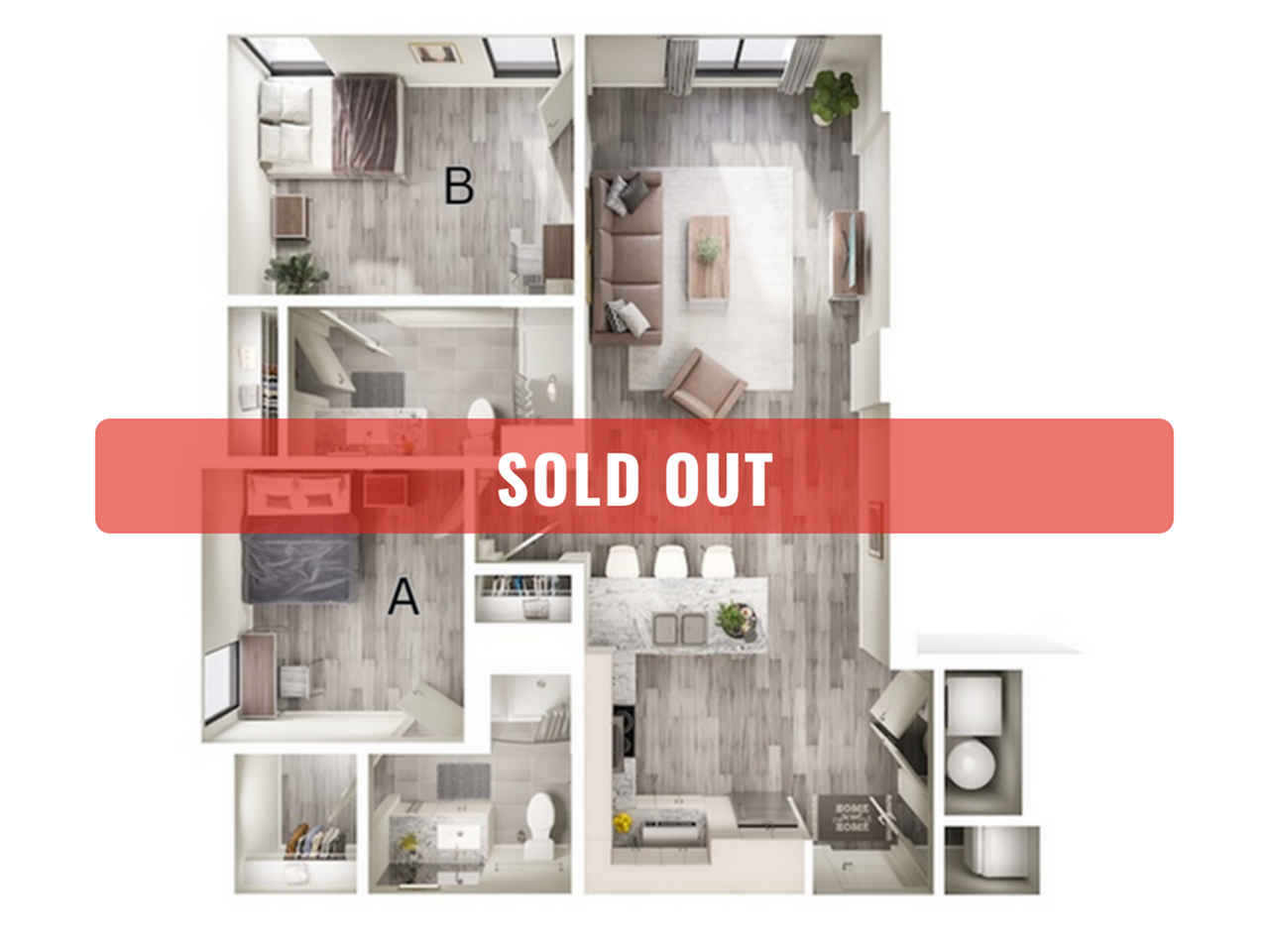 A 3D image of the 2BR/2BA – B4 floorplan, a 852 squarefoot, 2 bed / 2 bath unit