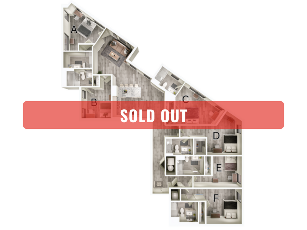 A 3D image of the 6BR/6BA – F1 floorplan, a 2059 squarefoot, 6 bed / 6 bath unit