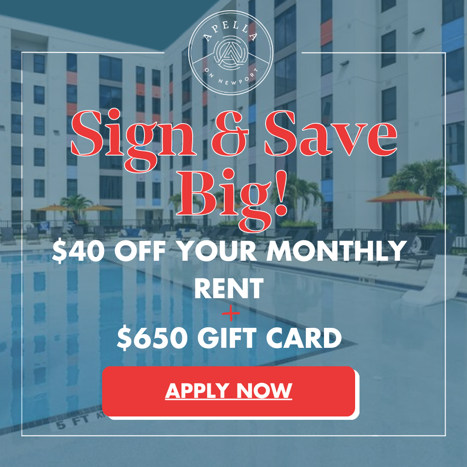 Save big by May 4th. $40 off your monthly rent and $650 gift card.
